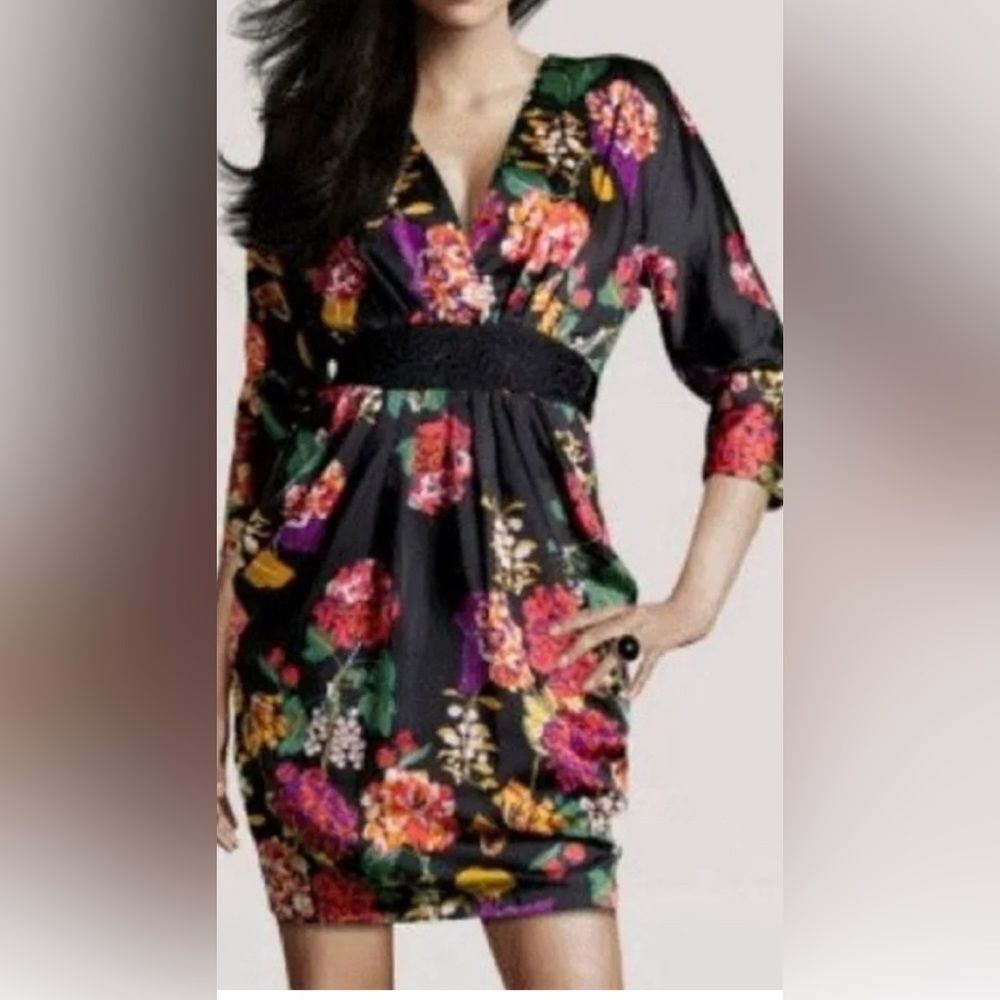 H&M Conscious Floral Satin Dress Size 8 Black Multi Whimsigoth Cocktail kimono